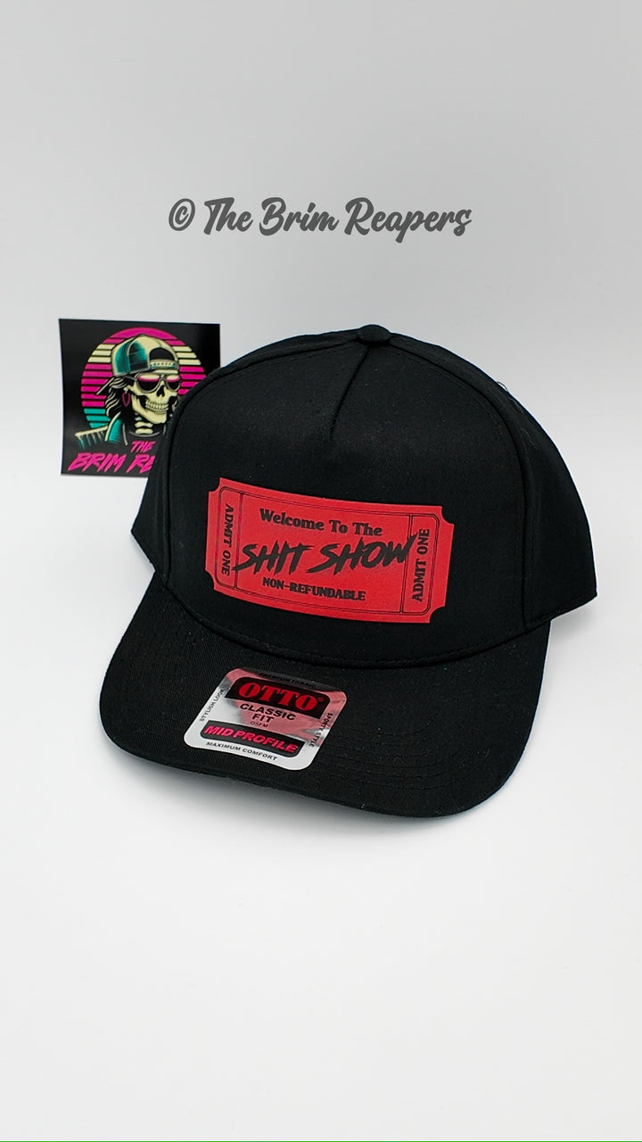 Ticket To The Sh!T Show Patch Hat | Funny Humor Comedy Accessories Flatbill Leather Dad Trucker